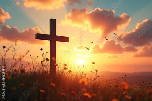 Easter Religious concept: The cross on meadow autumn sunrise background. Symbol of Faith and Hope
