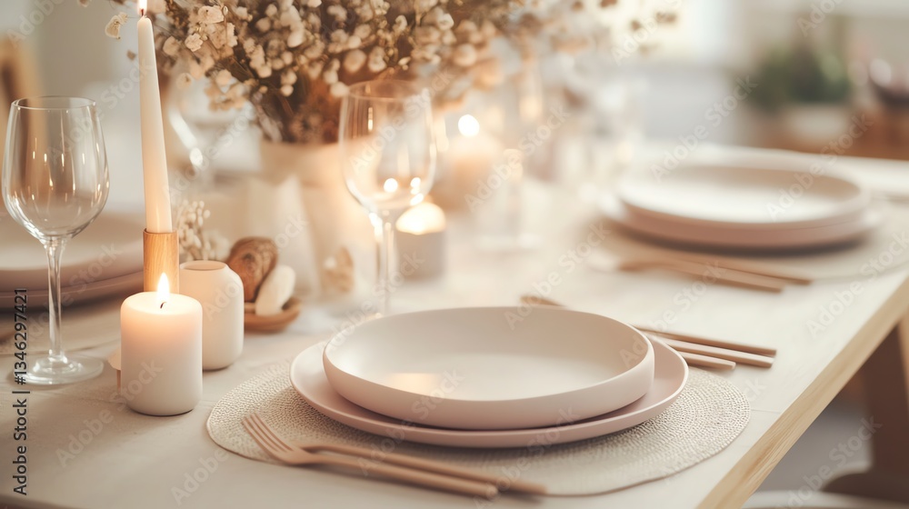 Elegant Dining Setup With Warm Candlelight and Floral Centerpiece During a Cozy Evening Elegant Dining Setup With Warm Candlelight and Floral Centerpiece During a Cozy Evening
