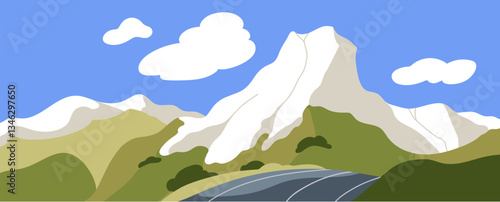 Mountain and road, nature landscape. Beautiful panorama view, mount rock in ice, snow, among green sunny spring scenery with highway, travel way under sky with clouds. Flat vector illustration