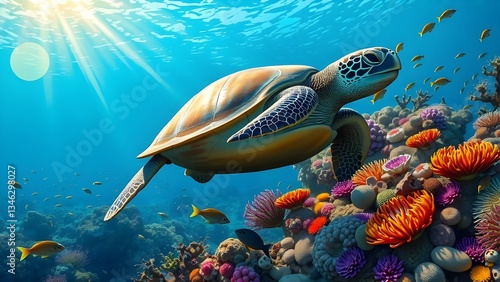 Giant Sea Turtle in a Vibrant Coral Reef