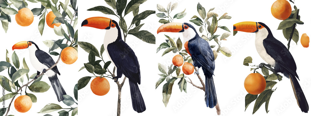 Fototapeta premium On a white background, a watercolor botanical painting shows a toucan bird perched on a branch with orange fruits