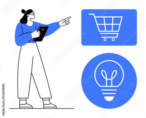 Woman holding tablet, pointing towards shopping cart and lightbulb, symbolizing online shopping and ideas. Ideal for innovation, technology, marketing, business, creativity, e-commerce analytics