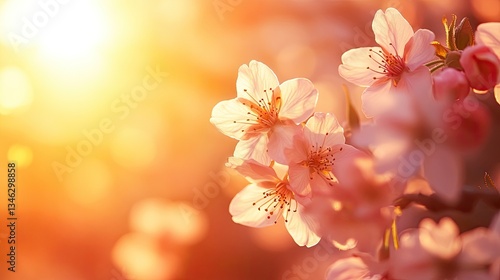 Beautiful Cherry Blossom Flowers in Soft Sunset Light Background