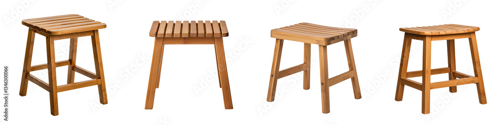 A collection of modern minimalist wooden outdoor furniture including stools and tables with a natural rustic charm suitable for patio or garden spaces A collection of modern minimalist wooden outdoor furniture including stools and tables with a natural rustic charm suitable for patio or garden spaces