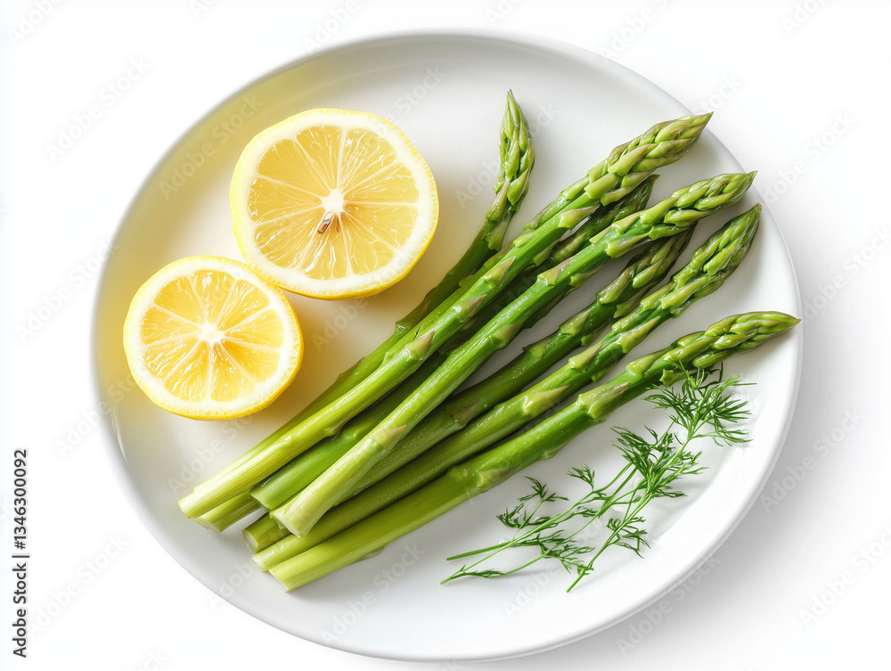 Fresh green asparagus with lemon and dill on white plate