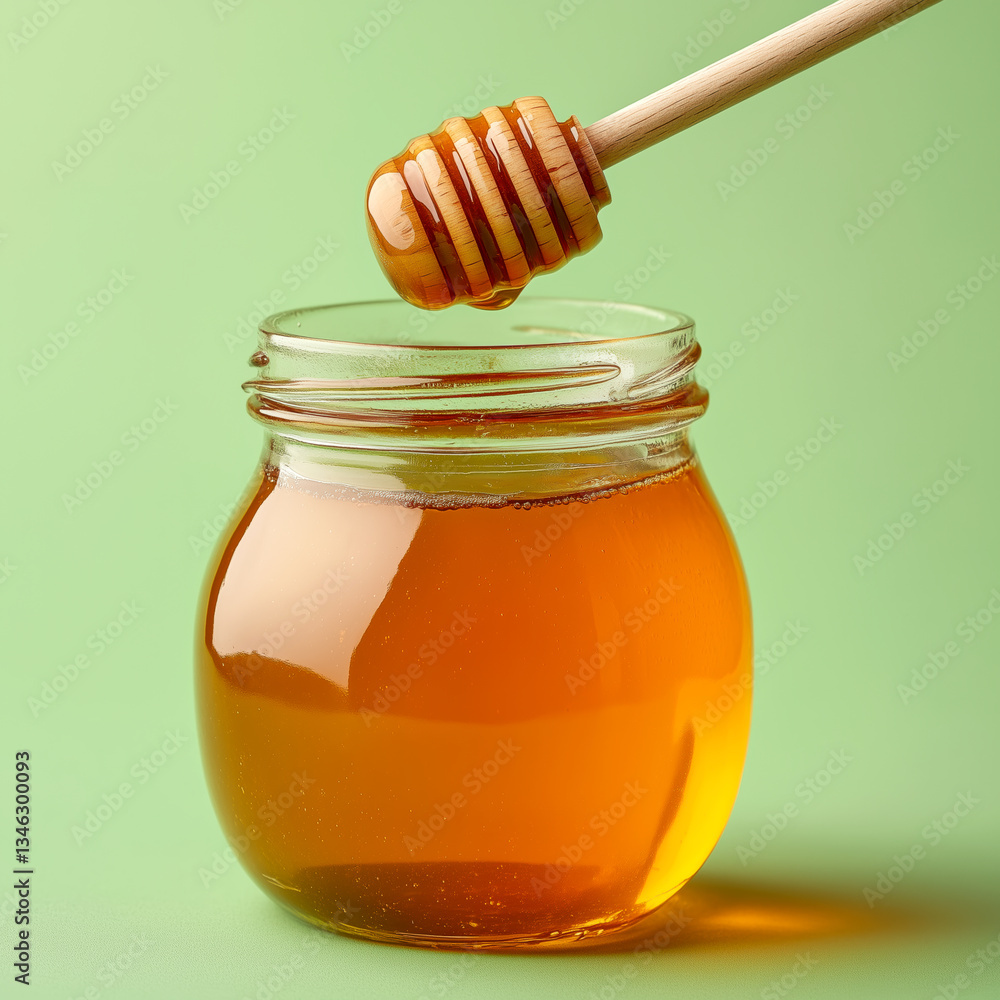 Drizzling honey into jar kitchen counter food photography bright background Drizzling honey into jar kitchen counter food photography bright background