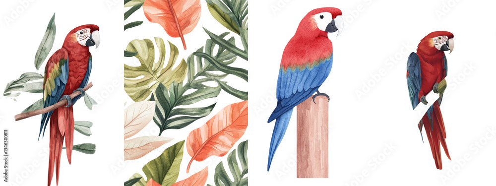 Fototapeta premium This watercolor illustration is a hand drawing of a beautiful tropical bird, parrot, flowers, and palm leaf, presented on an isolated white background