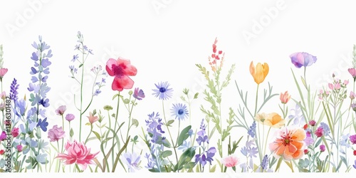 Gentle watercolor floral seamless border. Cynoglossum, cyperus, cytisus, dahlia, delphinium, dianthus, dicentra, didiscus, dierama, digitalis,  illustration on white background.