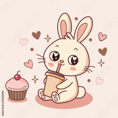 Cute  bunny character holding coffee mug and cupcake