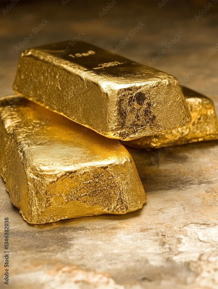 Gold bars stacked on a table creating wealth and prosperity Gold bars stacked on a table creating wealth and prosperity