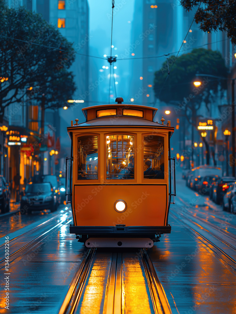 Tram travels through illuminated city streets at dusk in urban setting