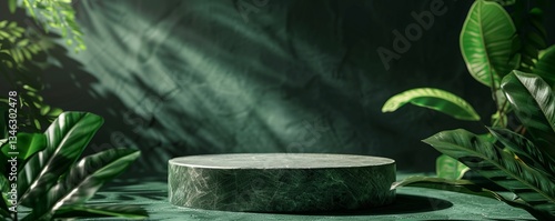 Green background podium product platform for nature beauty cosmetic stage scene. Abstract rock dark podium pedestal mockup with green leaf shadow. Photography showcase fresh banner.