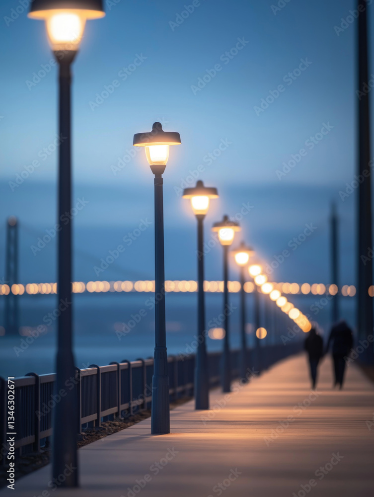 Evening stroll along the waterfront promenade with glowing street lamps and distant bridge lights