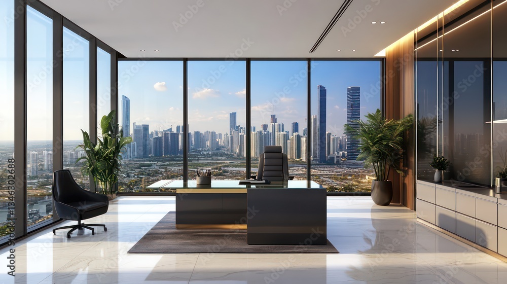 Fototapeta premium Front view of modern empty office with panoramic skyline view in bright daylight, spacious office with glass desk and large window showing dynamic city skyline under bright daylight,