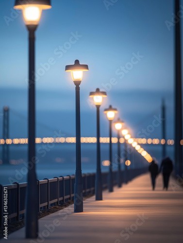 Obraz na płótnie Evening stroll along the waterfront promenade with glowing street lamps and distant bridge lights w salonie