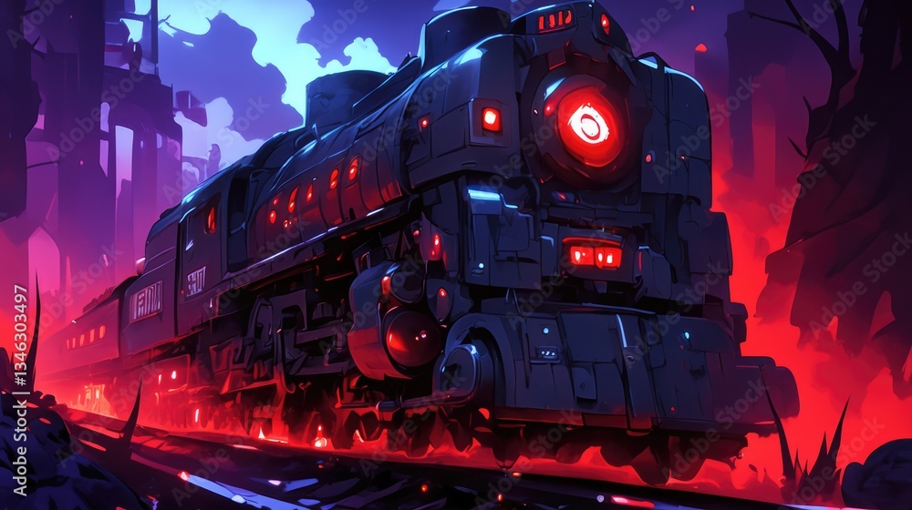 A futuristic train is travelling on tracks through a city at night A futuristic train is travelling on tracks through a city at night