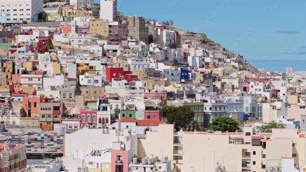 High angle of Las Palmas, Catedral de Santa Ana and old town charming streets, tracking left building home textured backdrop High angle of Las Palmas, Catedral de Santa Ana and old town charming streets, tracking left building home textured backdrop