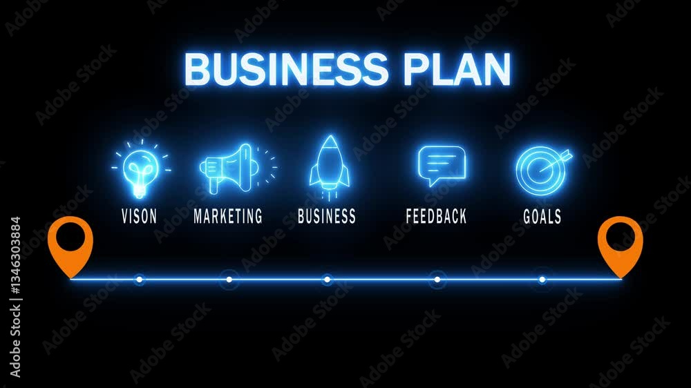 glowing neon Business plan concept with thin line icons on black background. Infographic design. Chart with animated icons. glowing neon Business plan concept with thin line icons on black background. Infographic design. Chart with animated icons.