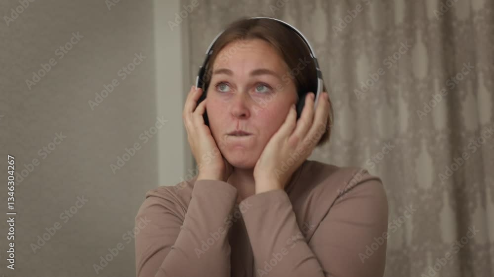 Portrait of a young Caucasian woman with headphones listening to music and singing, in her room. Home leisure Portrait of a young Caucasian woman with headphones listening to music and singing, in her room. Home leisure