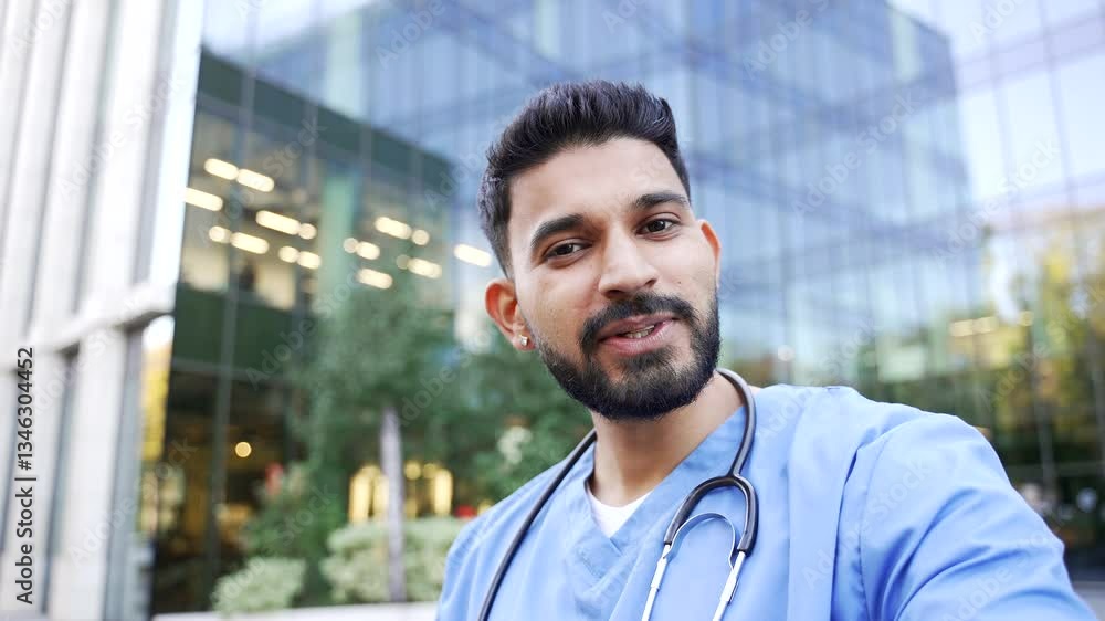 POV Smiling doctor talking online via video call using a mobile phone looking at camera standing outside near hospital building. Medical worker physician in a blue coat consults remotely a patient POV Smiling doctor talking online via video call using a mobile phone looking at camera standing outside near hospital building. Medical worker physician in a blue coat consults remotely a patient