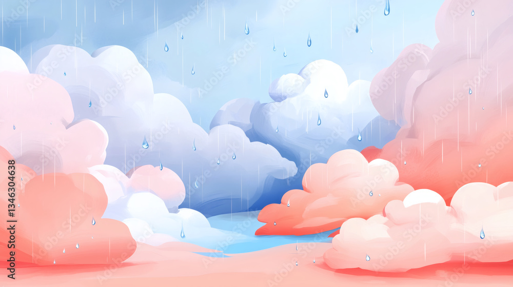 Obraz premium Gentle rain falls from soft, pink and blue clouds in a tranquil sky, creating a peaceful atmosphere perfect for reflection and daydreaming