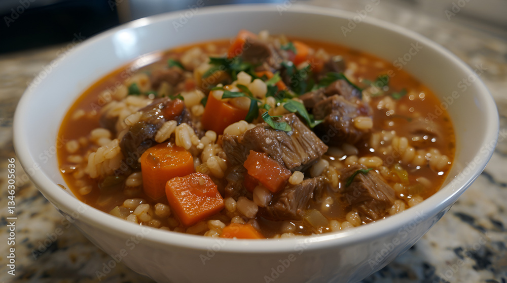 Hearty beef and barley soup, brimming with tender meat, vibrant carrots, and fresh parsley, served in a white bowl, a comforting and nutritious meal, Generative AI
Hearty beef and barley soup, brimming with tender meat, vibrant carrots, and fresh parsley, served in a white bowl, a comforting and nutritious meal, Generative AI