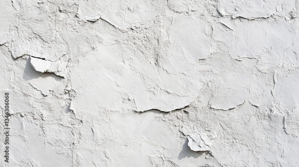Obraz premium A textured white plaster wall with peeling paint, showcasing a weathered and rustic surface perfect