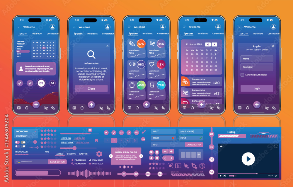 A sleek fitness app interface template featuring responsive design elements, including dashboards, charts, and statistics. Perfect for tracking health, weekly progress, and sports activities