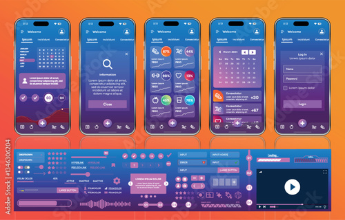 Obraz na płótnie A sleek fitness app interface template featuring responsive design elements, including dashboards, charts, and statistics. Perfect for tracking health, weekly progress, and sports activities w salonie