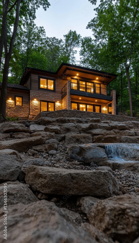 Modern house nestled in a wooded area, illuminated at dusk, with a cascading waterfall feature in the foreground. Modern house nestled in a wooded area, illuminated at dusk, with a cascading waterfall feature in the foreground.