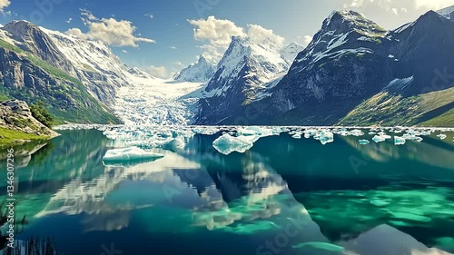 Wallpaper Mural Majestic glacier reflecting in clear lake surrounded by towering mountains and vibrant nature Torontodigital.ca