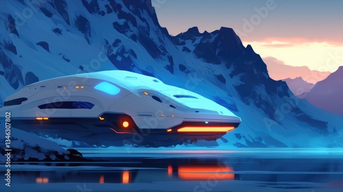 Wallpaper Mural A futuristic vehicle floats in front of snowy mountain range Torontodigital.ca