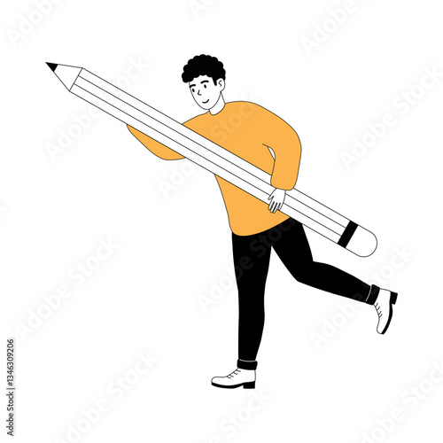 Young person carrying a giant pencil while smiling in an illustrated style