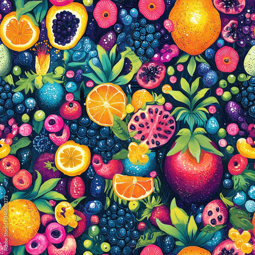various fruits and vibrant foliage creating a lively and fresh composition