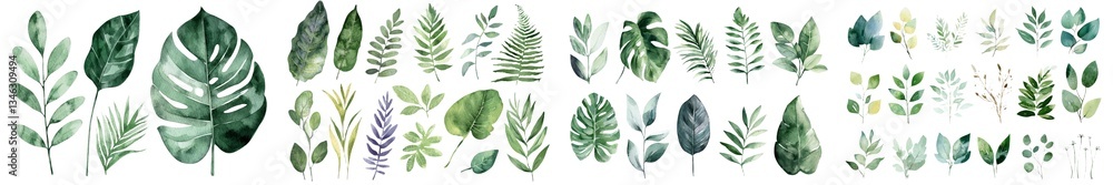 Naklejka premium Palm leaves and a variety of green plants, including monstera, ivy, palm, dracaena, haworthia, and ficus, are illustrated in a watercolor botanical painting with a summer set