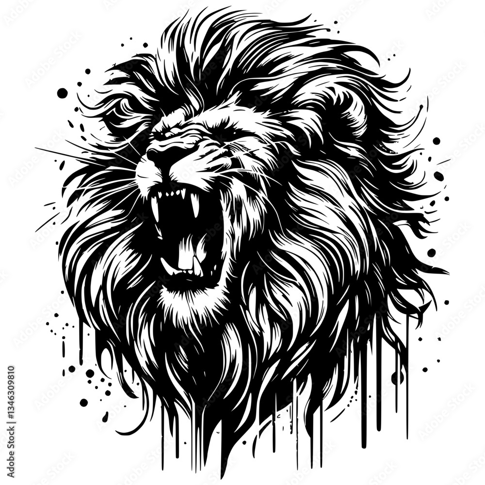 Obraz premium Vector illustration of a roaring lion head with flowing mane, drawn with black pencil on a transparent background