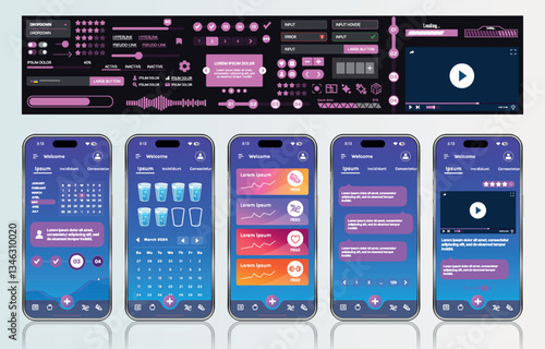 A sleek fitness app interface template featuring responsive design elements, including dashboards, charts, and statistics. Perfect for tracking health, weekly progress, and sports activities