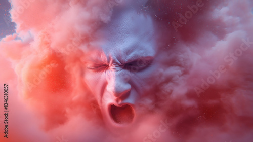 A powerful expression of anger emerges from a face enveloped in colorful clouds, capturing the intensity of raw emotion in a dramatic artistic representation