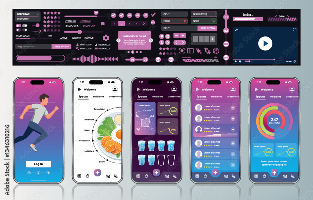 A sleek fitness app interface template featuring responsive design elements, including dashboards, charts, and statistics. Perfect for tracking health, weekly progress, and sports activities