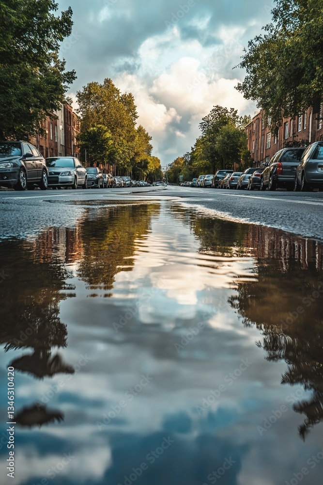 Obraz premium A street-level view of a large puddle reflecting the sky, trees, and surrounding urban environment after rainfall. The image highlights the beauty of reflections, symmetry