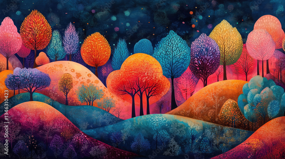 landscape of colorful trees and hills