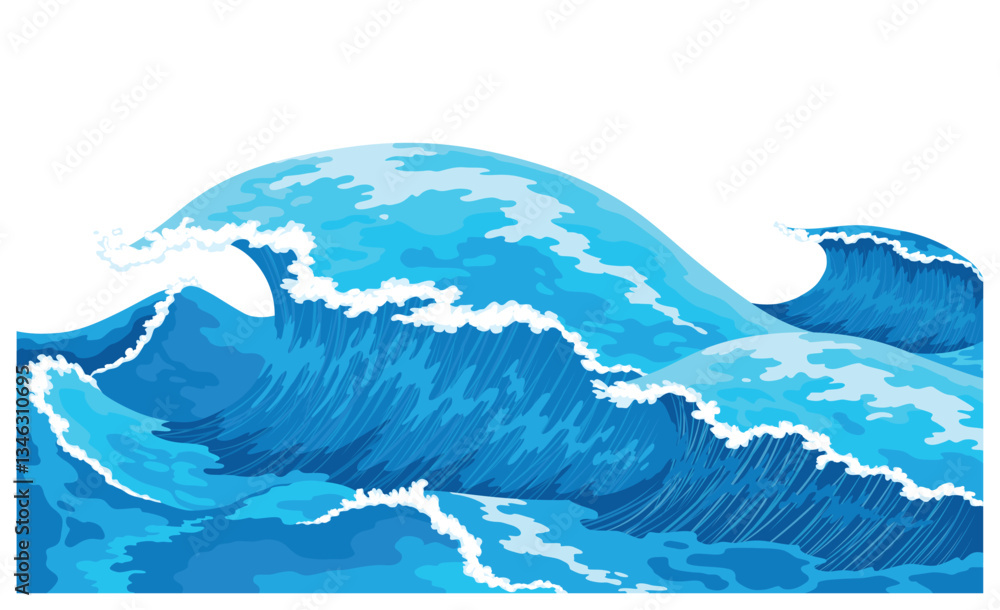Ocean waves with foam on crest. Blue sea splash water, marine sea storm element, isolated on white background. Vector illustration