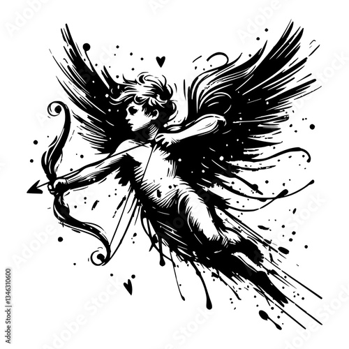 Vector illustration of Cupid shooting arrows, drawn with black pencil on a transparent background
