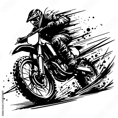 Vector illustration of a motocross rider racing on a dirt bike, drawn with black pencil on a transparent background