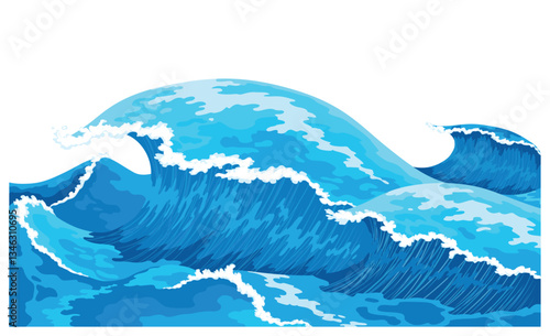 Obraz na płótnie Ocean waves with foam on crest. Blue sea splash water, marine sea storm element, isolated on white background. Vector illustration w salonie