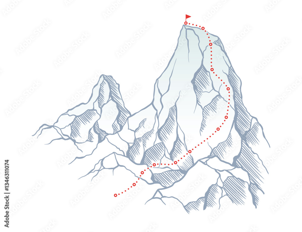 Mountain climbing route to top rock with red flag on peak. Business journey path in progress, way to success or concept of goal. Vector illustration