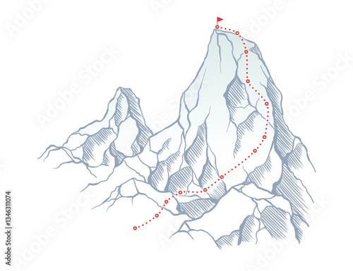 Obraz na płótnie Mountain climbing route to top rock with red flag on peak. Business journey path in progress, way to success or concept of goal. Vector illustration w salonie