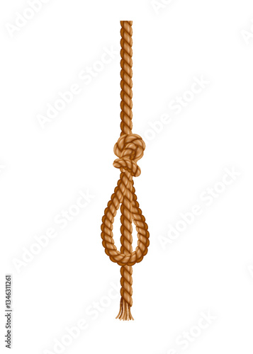 Obraz na płótnie Hanging rope with tassel and node. Knitted nautical thread or marine vertical fiber. Textile tassel hang at rope isolated on white background. Vector illustration w salonie