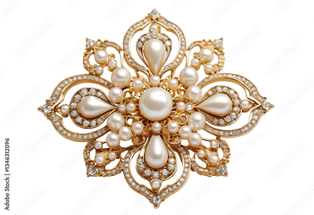 Gold brooch with pearls and intricate design isolated on white and transparent background.