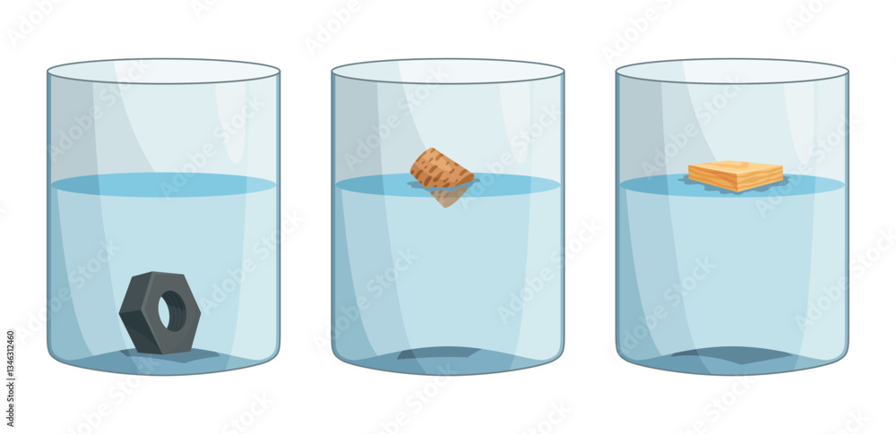 Archimedes principle. Experiment with water glasses, iron, cork and wood cube. Buoyant acting on the object that floats is equal to weight of the fluid that is displaced